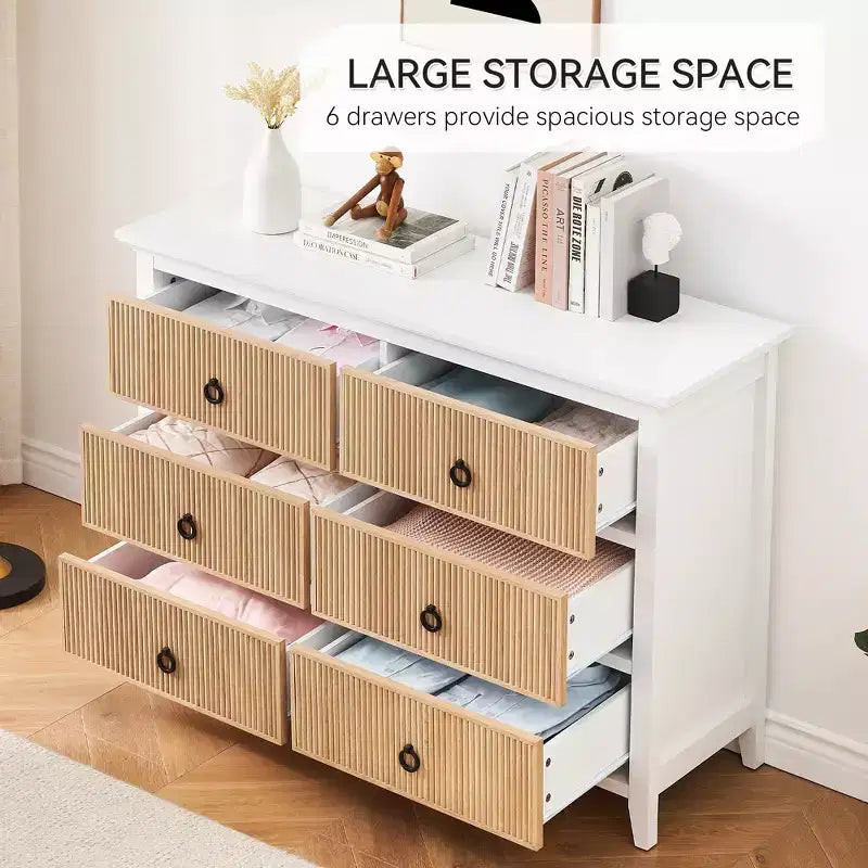 Comò a 6 cassetti per camera da letto, armadio organizer dal profilo antico - Comò in legno lungo con cassetti grandi