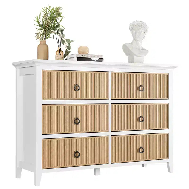 Comò a 6 cassetti per camera da letto, armadio organizer dal profilo antico - Comò in legno lungo con cassetti grandi