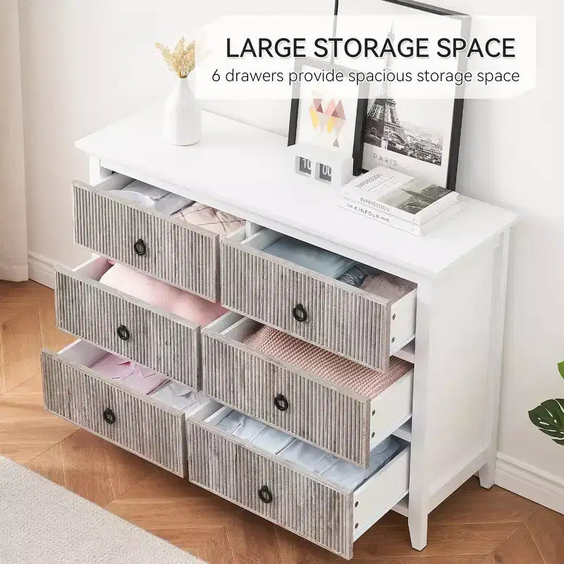 Comò a 6 cassetti per camera da letto, armadio organizer dal profilo antico - Comò in legno lungo con cassetti grandi