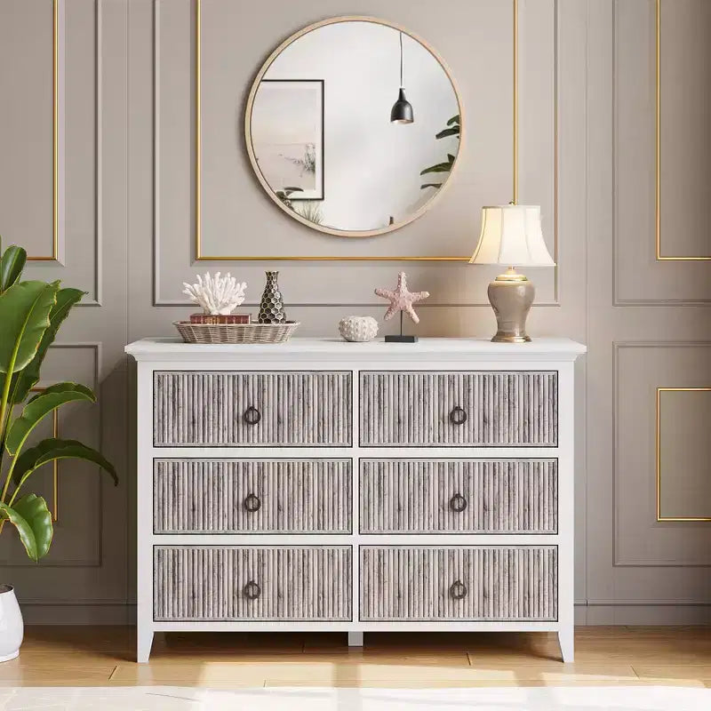 Comò a 6 cassetti per camera da letto, armadio organizer dal profilo antico - Comò in legno lungo con cassetti grandi