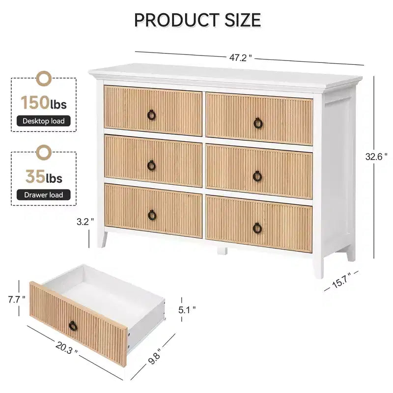 Comò a 6 cassetti per camera da letto, armadio organizer dal profilo antico - Comò in legno lungo con cassetti grandi