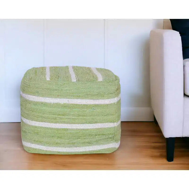 Pouf ottomano a righe a cubo in cotone verde e bianco 18