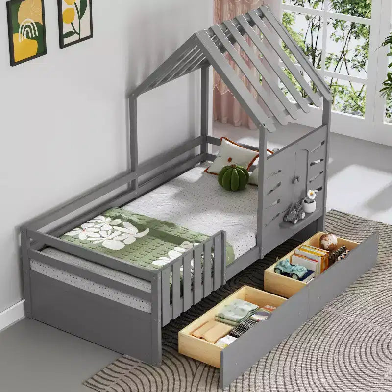 Twin Bed Frames with Roof and Window, Kids Twin Size House Bed with Storage Drawers and Guardrails for Girls & Boys