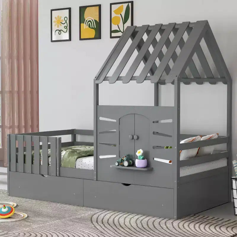 Letti a castello singoli con tetto e finestra, letto a casetta singolo per bambini con cassetti portaoggetti e spondine per bambine e bambini