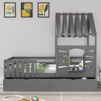 Letti a castello singoli con tetto e finestra, letto a casetta singolo per bambini con cassetti portaoggetti e spondine per bambine e bambini