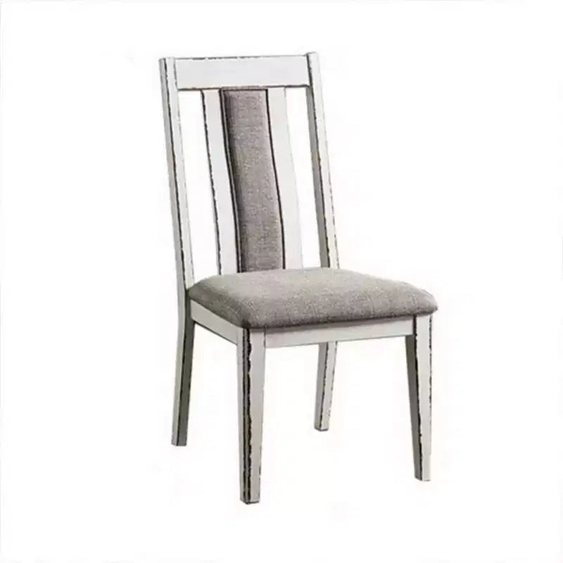 Sedia da pranzo da 24 pollici, in legno bianco rustico, con seduta in tessuto grigio