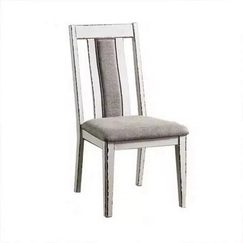 Sedia da pranzo da 24 pollici, in legno bianco rustico, con seduta in tessuto grigio