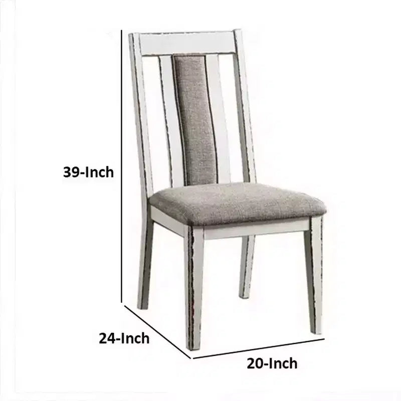 Sedia da pranzo da 24 pollici, in legno bianco rustico, con seduta in tessuto grigio