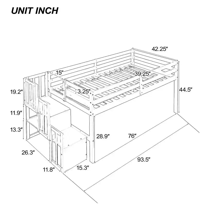 Letto a soppalco singolo, struttura in legno di pino con scala, spazio di archiviazione, scivolo, sponde di sicurezza a tutta lunghezza per camera da letto