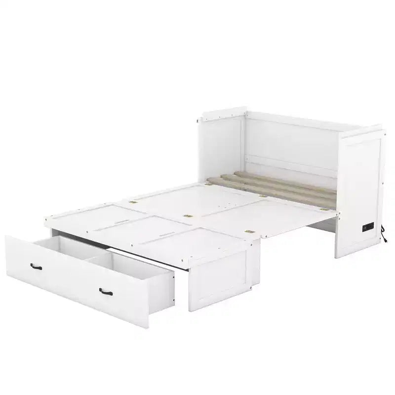Letto a scomparsa completo a mobile, Letto a cassettone Murphy mobile in legno con porte USB e cassetti, Bianco