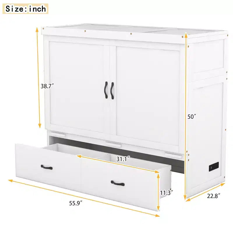 Letto a scomparsa completo a mobile, Letto a cassettone Murphy mobile in legno con porte USB e cassetti, Bianco