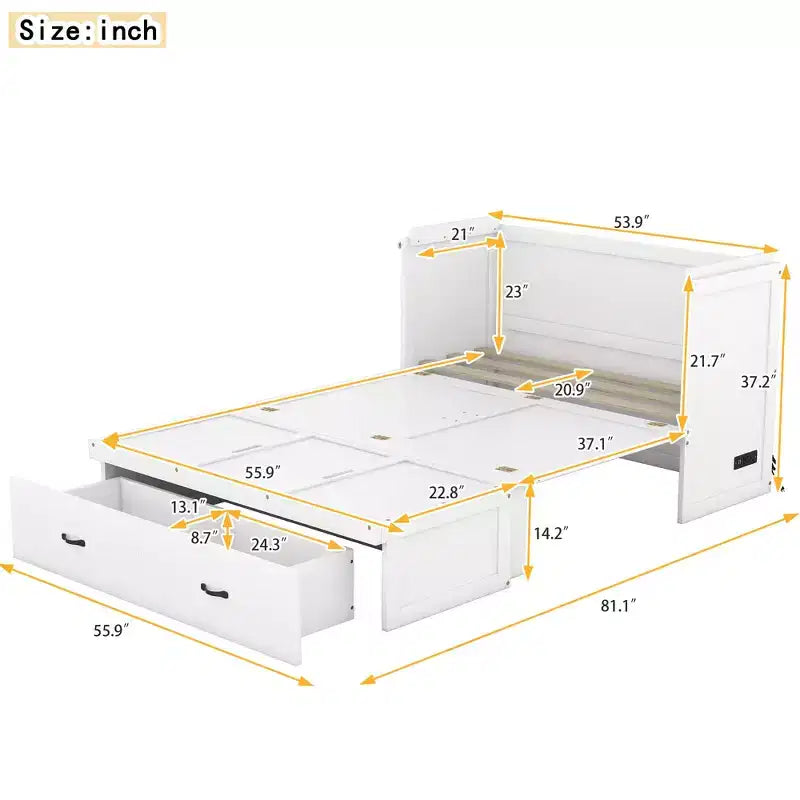 Letto a scomparsa completo a mobile, Letto a cassettone Murphy mobile in legno con porte USB e cassetti, Bianco