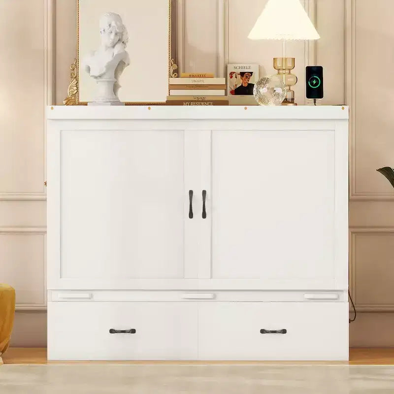 Letto a scomparsa completo a mobile, Letto a cassettone Murphy mobile in legno con porte USB e cassetti, Bianco