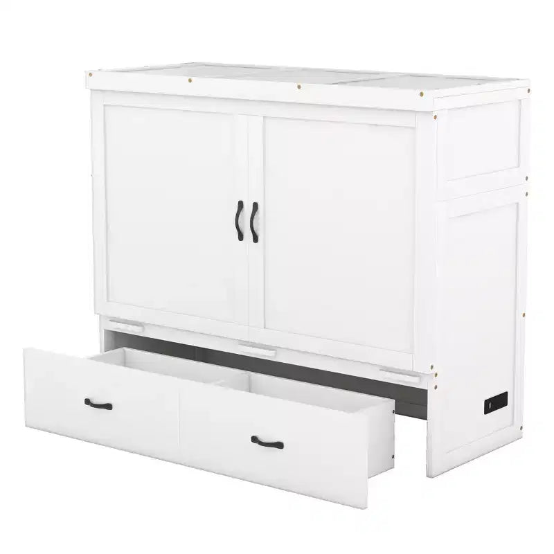 Letto a scomparsa completo a mobile, Letto a cassettone Murphy mobile in legno con porte USB e cassetti, Bianco