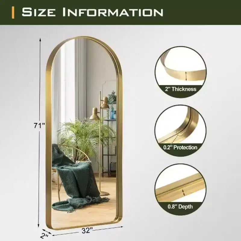 Specchio a figura intera a forma di arco arrotondato Gold da 31,5 x 70,87 pollici in lega di alluminio senza supporto per la decorazione della parete del soggiorno e della camera da letto