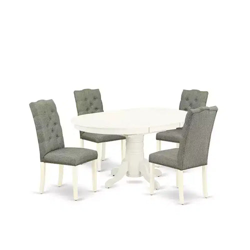 HomeStock 5-Piece Oval Linen White Finish Solid Wood Top Dining Table with 4-Parson Chair with Butterfly Leaf