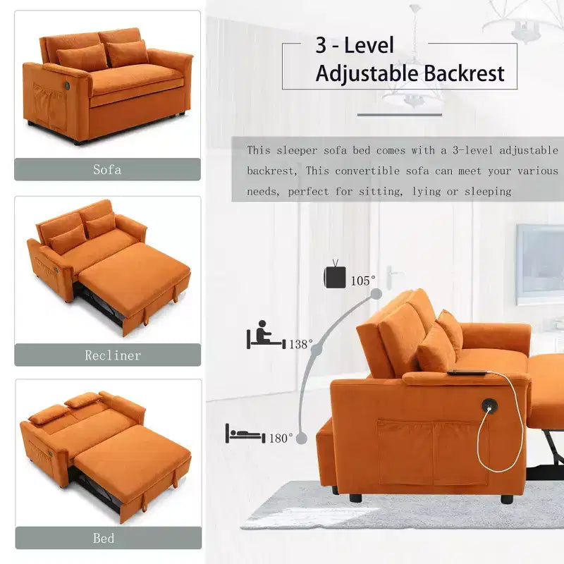 Divano Letto Convertibile con Tasche Laterali e Schienale Regolabile, Divanetto a Due Posti in Velluto per Soggiorno, Camera da Letto