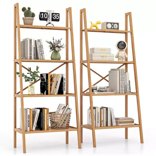 Costway 2PCS 4-Tier Bamboo Ladder Bookshelf 58 Display Shelf Storage Rack Plant Stand