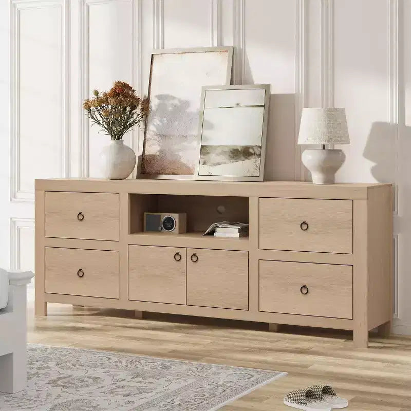 Mobile TV per televisori da 80 pollici, mobile da intrattenimento lungo con 6 cassetti portaoggetti e ripiano per soundbar, console TV marrone per soggiorno, camera da letto
