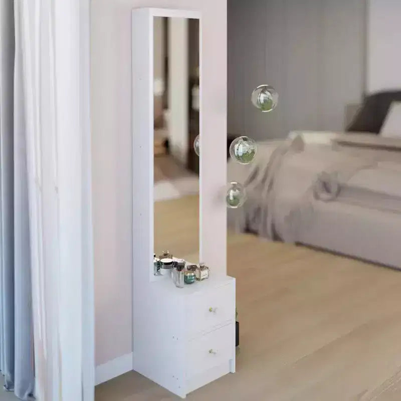 Armadio a specchio a figura intera con contenitore, Armadio a specchio a colonna da 160 cm con 2 cassetti, Comodino organizer per trucchi per camera da letto e bagno