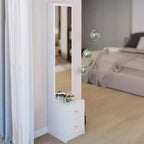 Armadio a specchio a figura intera con contenitore, Armadio a specchio a colonna da 160 cm con 2 cassetti, Comodino organizer per trucchi per camera da letto e bagno