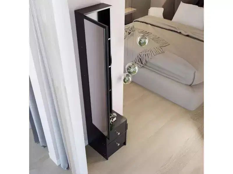 Armadio a specchio a figura intera con contenitore, Armadio a specchio a colonna da 160 cm con 2 cassetti, Comodino organizer per trucchi per camera da letto e bagno