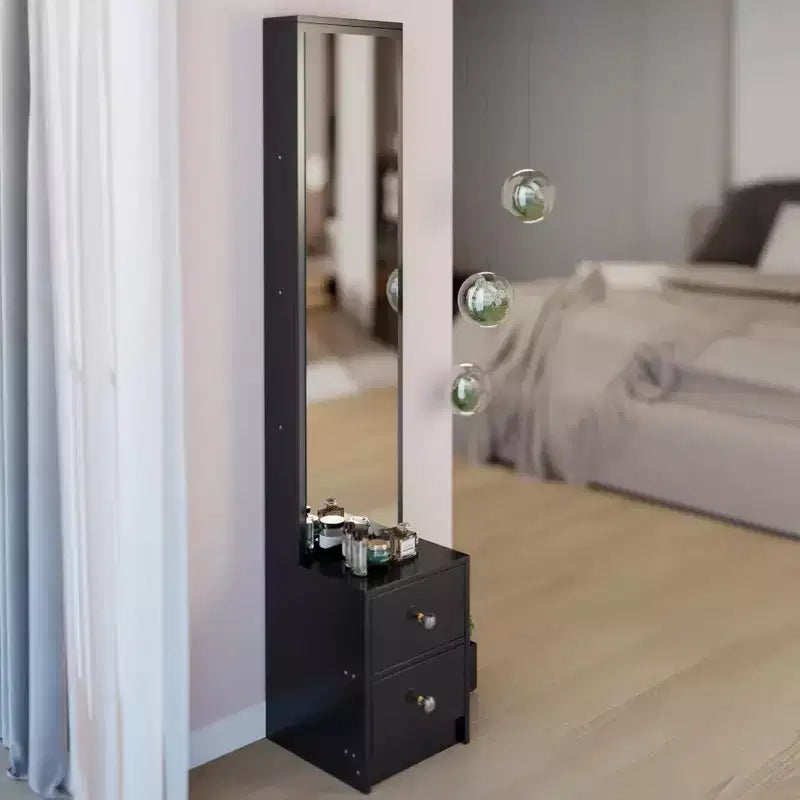 Armadio a specchio a figura intera con contenitore, Armadio a specchio a colonna da 160 cm con 2 cassetti, Comodino organizer per trucchi per camera da letto e bagno