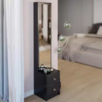 Armadio a specchio a figura intera con contenitore, Armadio a specchio a colonna da 160 cm con 2 cassetti, Comodino organizer per trucchi per camera da letto e bagno