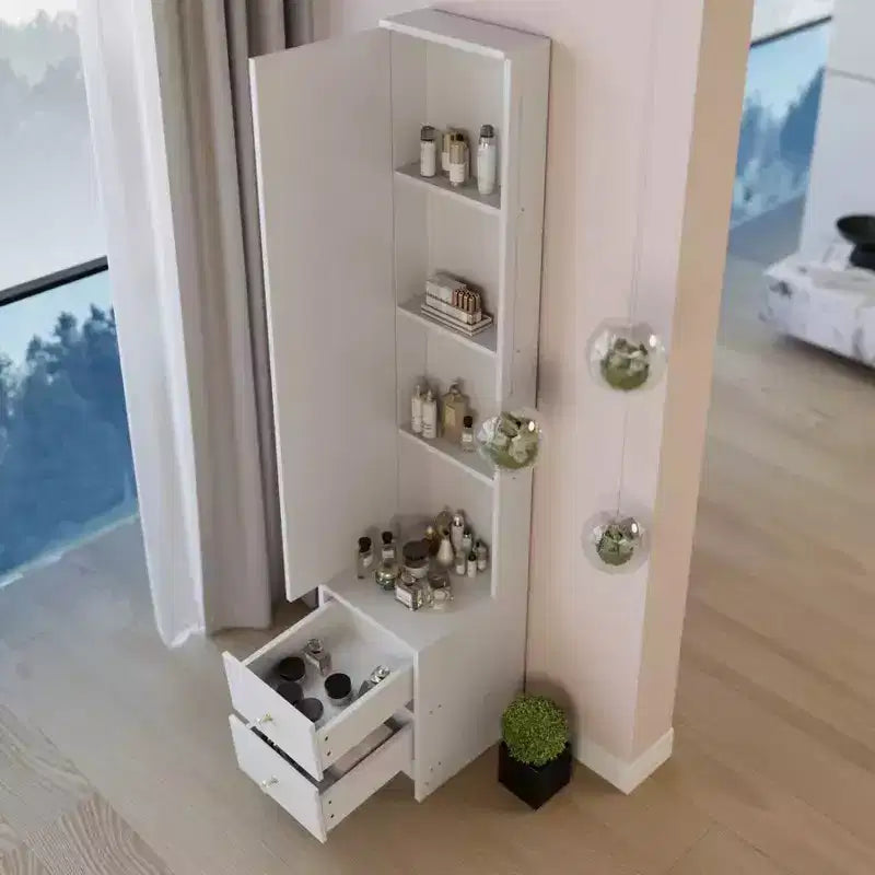 Armadio a specchio a figura intera con contenitore, Armadio a specchio a colonna da 160 cm con 2 cassetti, Comodino organizer per trucchi per camera da letto e bagno