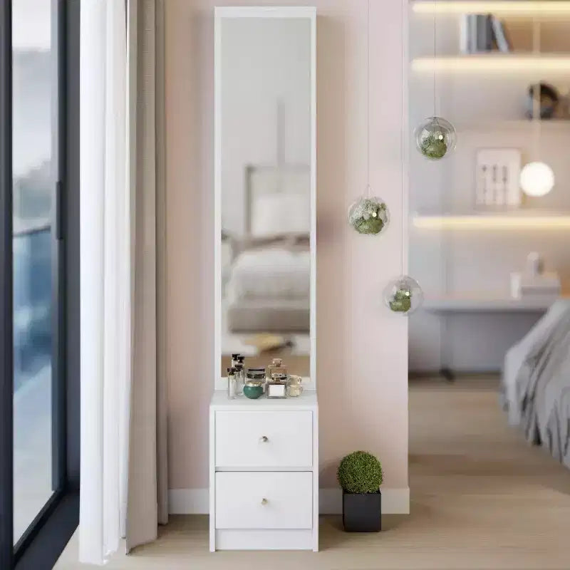 Armadio a specchio a figura intera con contenitore, Armadio a specchio a colonna da 160 cm con 2 cassetti, Comodino organizer per trucchi per camera da letto e bagno