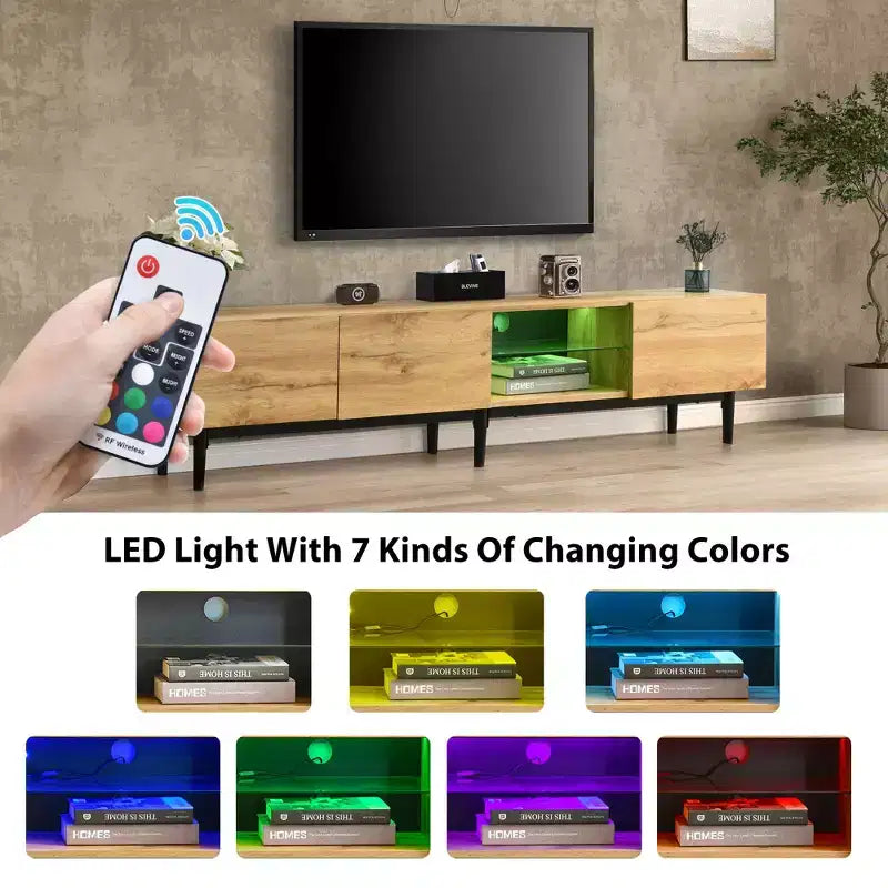 Mobile TV moderno Clihome con 4 ante e ripiani aperti, consolle coordinata per TV fino a 80'' con luci LED