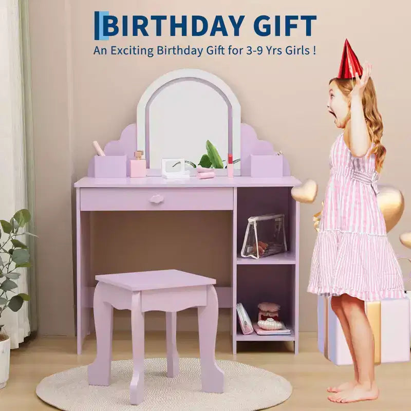 Tocador para Bambini con Specchio Illuminato e Sgabello, Set da Tocador per Bambine con Specchio Regolabile, Cassetto e Ripiani, Set da Trucco in Legno per Bambine dai 3 ai 9 Anni
