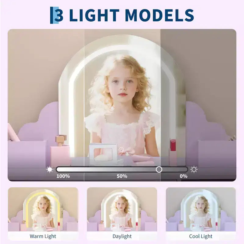 Tocador para Bambini con Specchio Illuminato e Sgabello, Set da Tocador per Bambine con Specchio Regolabile, Cassetto e Ripiani, Set da Trucco in Legno per Bambine dai 3 ai 9 Anni
