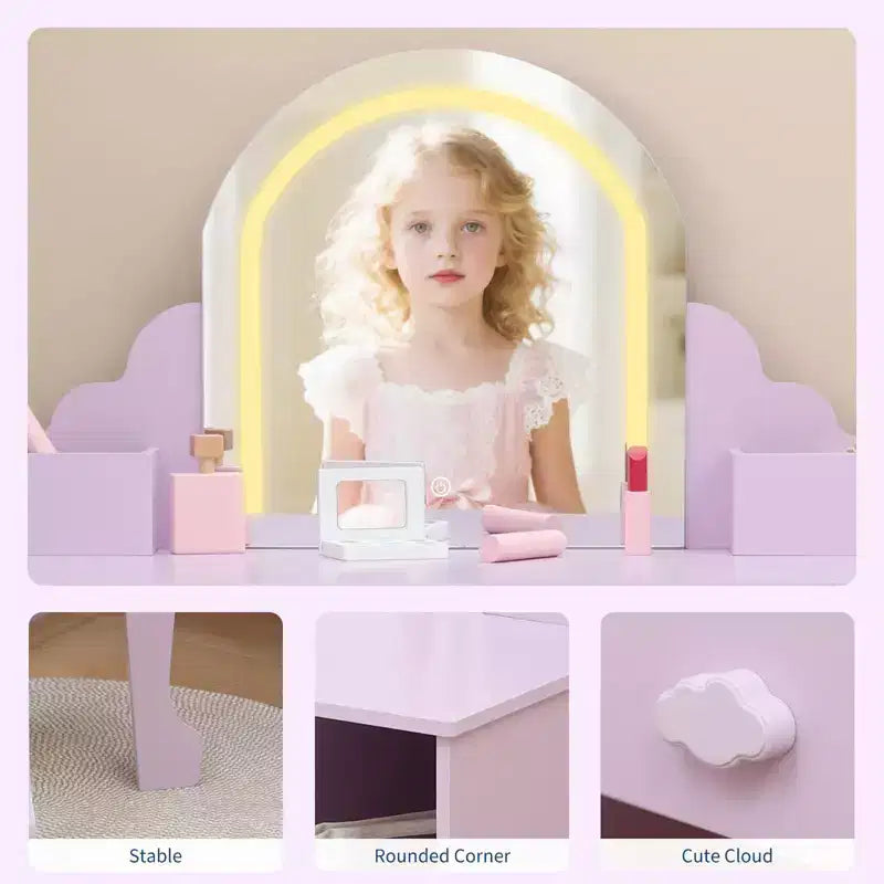 Tocador para Bambini con Specchio Illuminato e Sgabello, Set da Tocador per Bambine con Specchio Regolabile, Cassetto e Ripiani, Set da Trucco in Legno per Bambine dai 3 ai 9 Anni