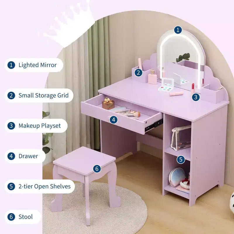 Tocador para Bambini con Specchio Illuminato e Sgabello, Set da Tocador per Bambine con Specchio Regolabile, Cassetto e Ripiani, Set da Trucco in Legno per Bambine dai 3 ai 9 Anni