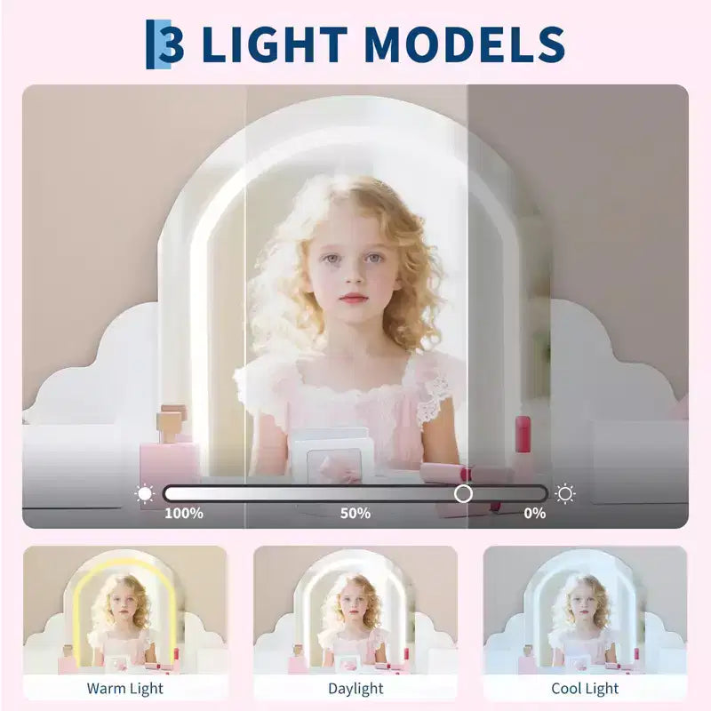 Tocador para Bambini con Specchio Illuminato e Sgabello, Set da Tocador per Bambine con Specchio Regolabile, Cassetto e Ripiani, Set da Trucco in Legno per Bambine dai 3 ai 9 Anni