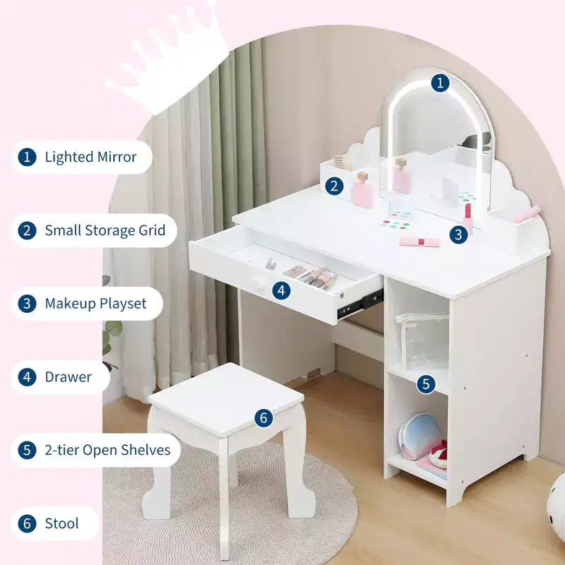 Tocador para Bambini con Specchio Illuminato e Sgabello, Set da Tocador per Bambine con Specchio Regolabile, Cassetto e Ripiani, Set da Trucco in Legno per Bambine dai 3 ai 9 Anni