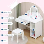 Tocador para Bambini con Specchio Illuminato e Sgabello, Set da Tocador per Bambine con Specchio Regolabile, Cassetto e Ripiani, Set da Trucco in Legno per Bambine dai 3 ai 9 Anni