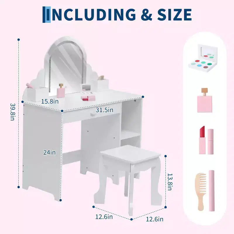 Tocador para Bambini con Specchio Illuminato e Sgabello, Set da Tocador per Bambine con Specchio Regolabile, Cassetto e Ripiani, Set da Trucco in Legno per Bambine dai 3 ai 9 Anni