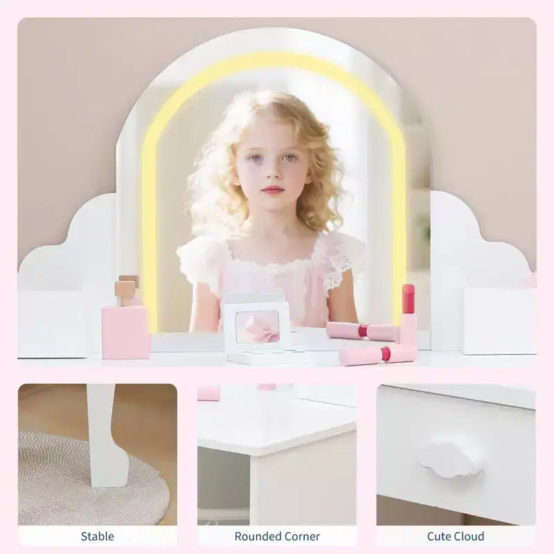 Tocador para Bambini con Specchio Illuminato e Sgabello, Set da Tocador per Bambine con Specchio Regolabile, Cassetto e Ripiani, Set da Trucco in Legno per Bambine dai 3 ai 9 Anni