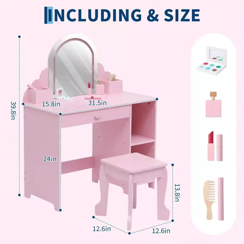 Tocador para Bambini con Specchio Illuminato e Sgabello, Set da Tocador per Bambine con Specchio Regolabile, Cassetto e Ripiani, Set da Trucco in Legno per Bambine dai 3 ai 9 Anni