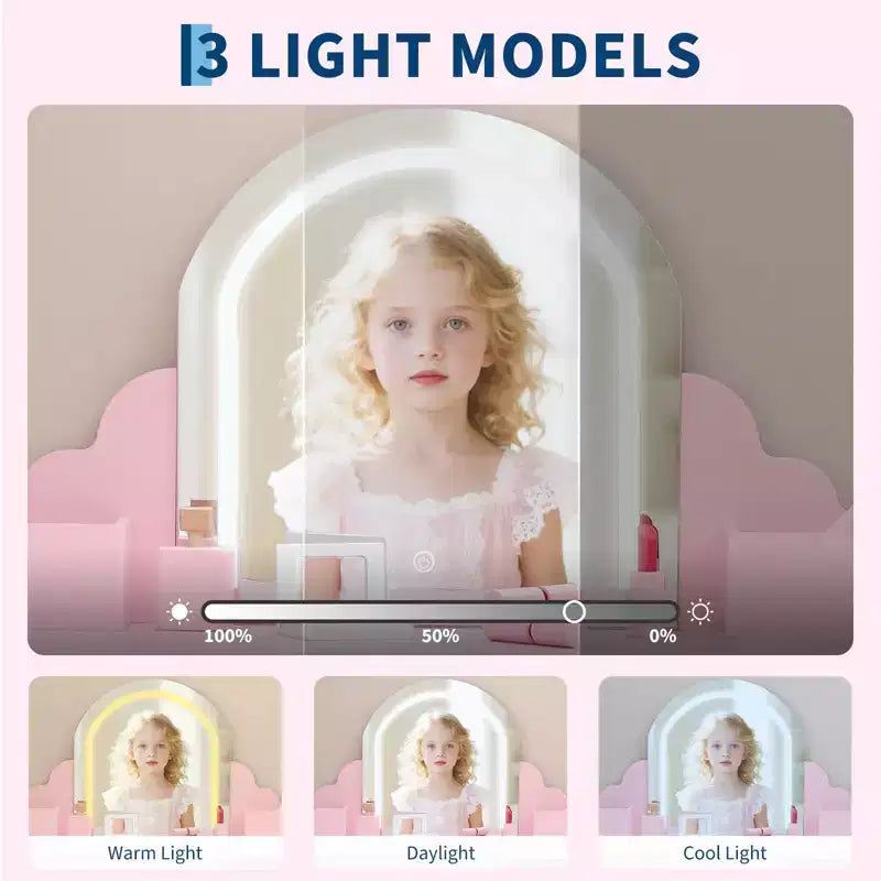 Tocador para Bambini con Specchio Illuminato e Sgabello, Set da Tocador per Bambine con Specchio Regolabile, Cassetto e Ripiani, Set da Trucco in Legno per Bambine dai 3 ai 9 Anni