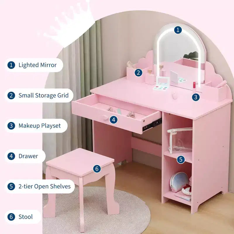 Tocador para Bambini con Specchio Illuminato e Sgabello, Set da Tocador per Bambine con Specchio Regolabile, Cassetto e Ripiani, Set da Trucco in Legno per Bambine dai 3 ai 9 Anni