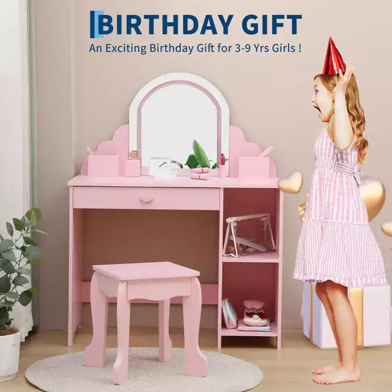 Tocador para Bambini con Specchio Illuminato e Sgabello, Set da Tocador per Bambine con Specchio Regolabile, Cassetto e Ripiani, Set da Trucco in Legno per Bambine dai 3 ai 9 Anni