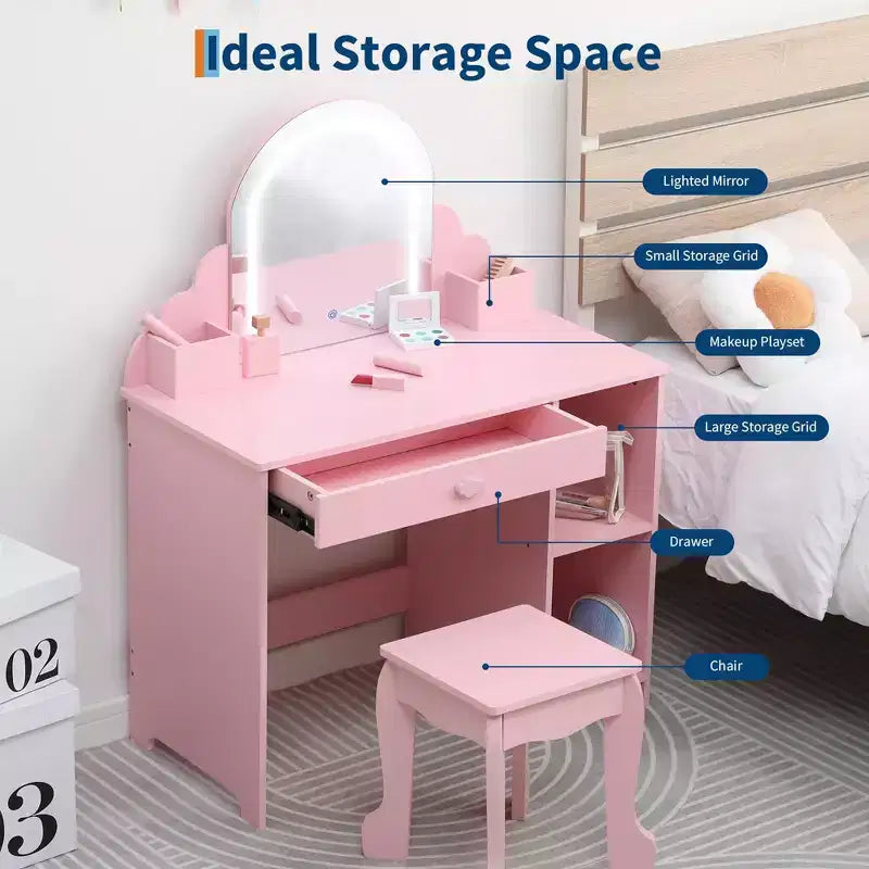 Tocador para Bambini con Specchio Illuminato e Sgabello, Set da Tocador per Bambine con Specchio Regolabile, Cassetto e Ripiani, Set da Trucco in Legno per Bambine dai 3 ai 9 Anni