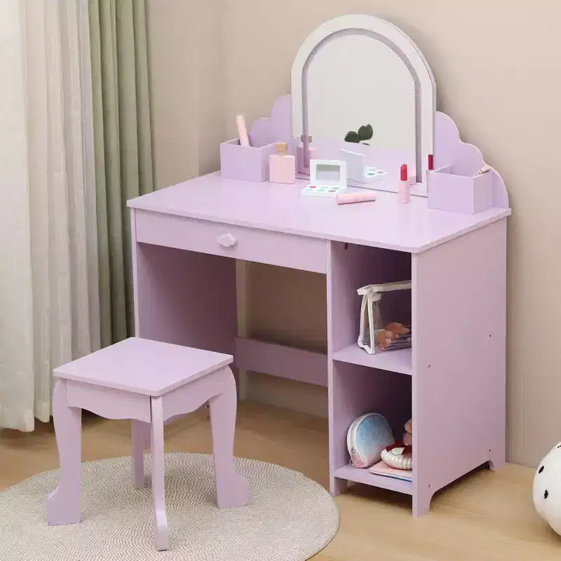Tocador para Bambini con Specchio Illuminato e Sgabello, Set da Tocador per Bambine con Specchio Regolabile, Cassetto e Ripiani, Set da Trucco in Legno per Bambine dai 3 ai 9 Anni