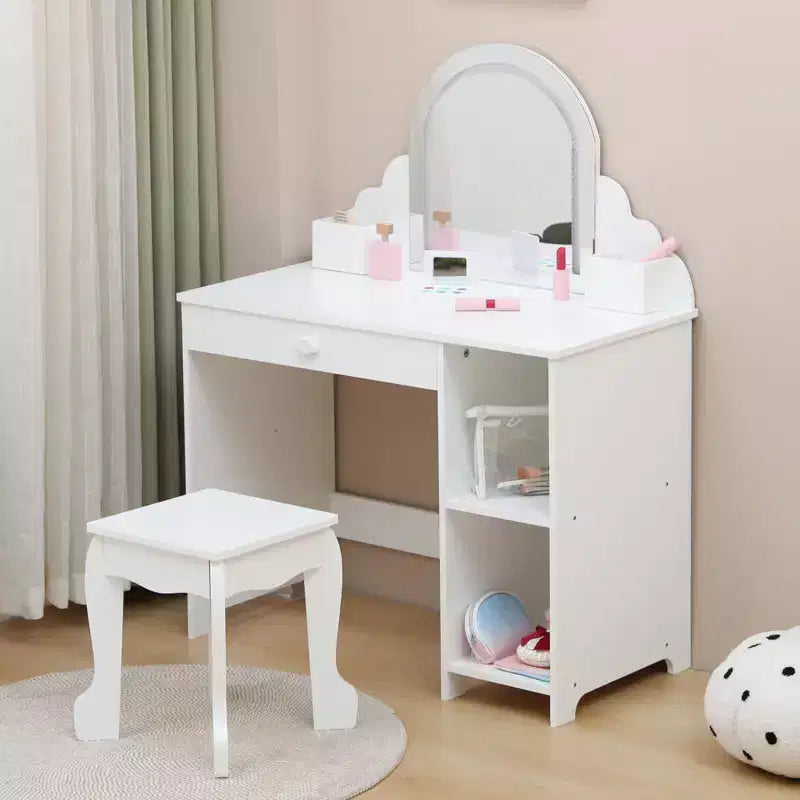 Tocador para Bambini con Specchio Illuminato e Sgabello, Set da Tocador per Bambine con Specchio Regolabile, Cassetto e Ripiani, Set da Trucco in Legno per Bambine dai 3 ai 9 Anni
