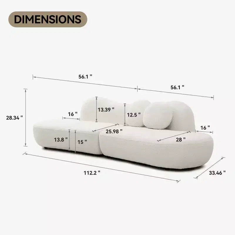 Divano Componibile Moderno Curvo con Rivestimento in Bouclé, Divano Componibile a Nuvola a 3 Posti con 2 Cuscini per Soggiorno e Camera da Letto
