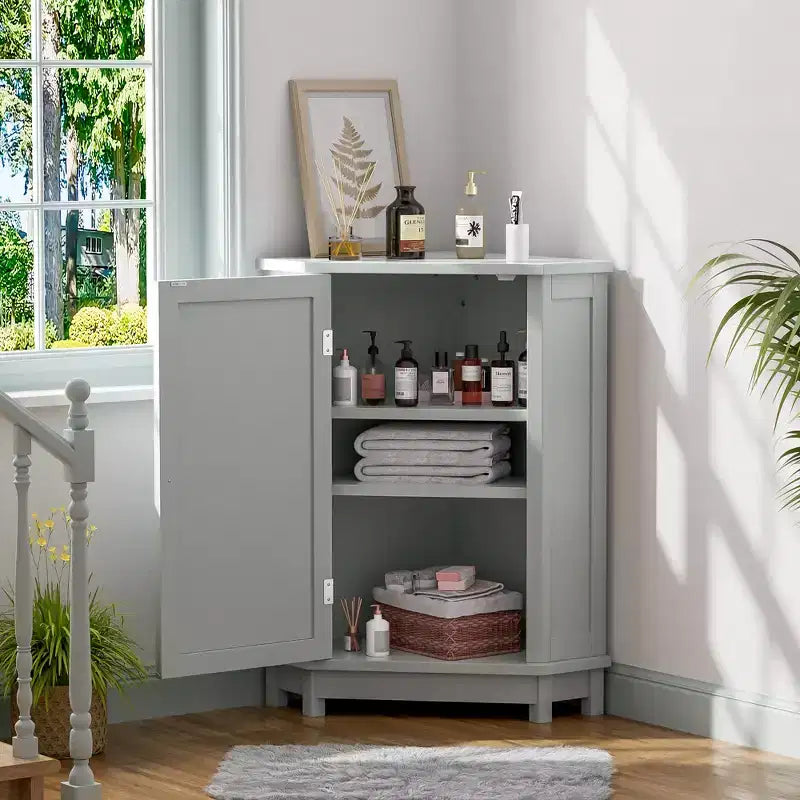 Mobile angolare da bagno a terra Clara moderno in legno a triangolo con ripiano regolabile