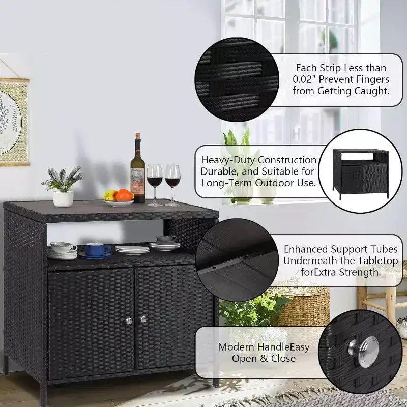 Mobile Contenitore da Esterno in Vimini con Ripiano, Tavolo Bar da Patio a 2 Ante, Rattan PE per Tutte le Staglie e Acciaio Verniciato a Polvere, Organizzatore per Giardino/Piscina